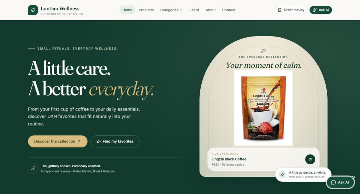 Wellness and food supplement products website home page with the headline A little care. A better everyday.