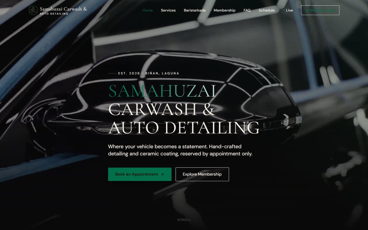Samahuzai Carwash & Auto Detailing home page with a Book an Appointment button