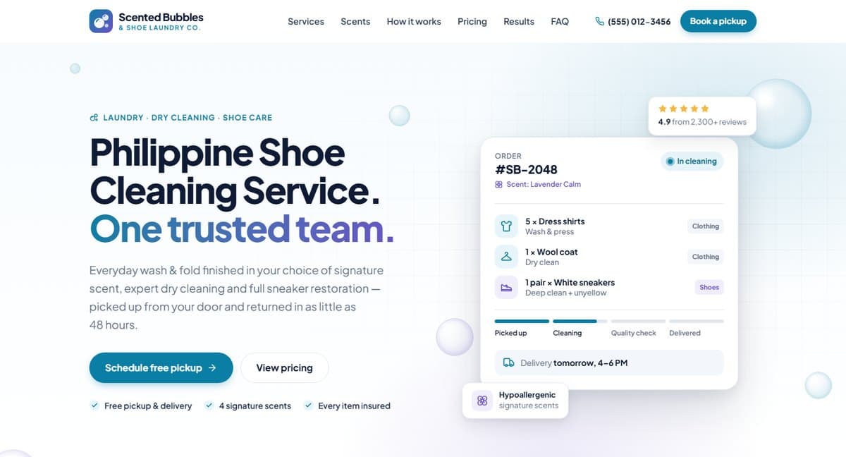 Scented Bubbles & Shoe Laundry Co. home page with the headline Philippine Shoe Cleaning Service and a Schedule free pickup button